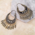 Vintage Bohemian Alloy Crescent Moon Rhinestone Chandelier Tassel Hoop Dangle Ethnic Statement Earrings view 1
