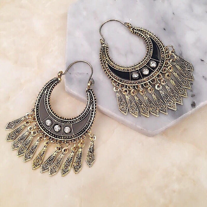 Vintage Bohemian Alloy Crescent Moon Rhinestone Chandelier Tassel Hoop Dangle Ethnic Statement Earrings
