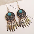 Vintage Bohemian Turquoise Rhinestone Alloy Dreamcatcher Leaf Feather Tassel Dangle Drop Earrings view 4