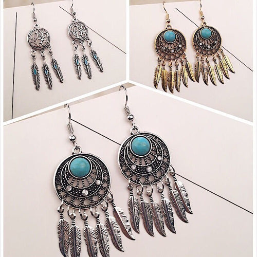 Vintage Bohemian Turquoise Rhinestone Alloy Dreamcatcher Leaf Feather Tassel Dangle Drop Earrings