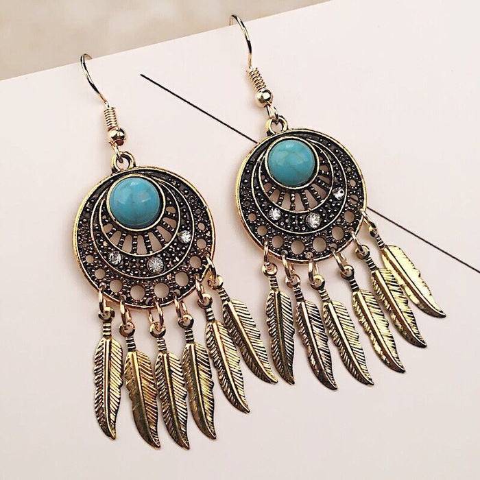 Vintage Bohemian Turquoise Rhinestone Alloy Dreamcatcher Leaf Feather Tassel Dangle Drop Earrings