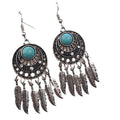 Vintage Bohemian Turquoise Rhinestone Alloy Dreamcatcher Leaf Feather Tassel Dangle Drop Earrings view 5