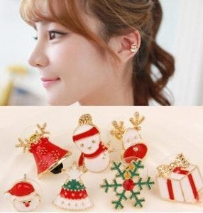 Korean Christmas Santa Claus Snowflake Bell Enamel Alloy No Piercing Clip On Ear Cuff Earrings