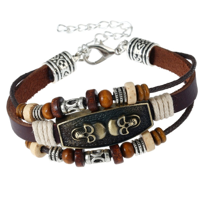 Direct European American Vintage Genuine Cowhide Beaded Leather Bracelet For Men And Women
