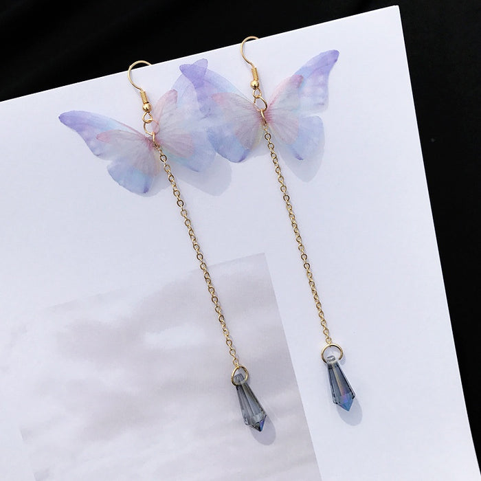 Elegant Fairy Butterfly Long Tassel Drop Earrings With Alloy Chain And Crystal Teardrop Pendant Earrings