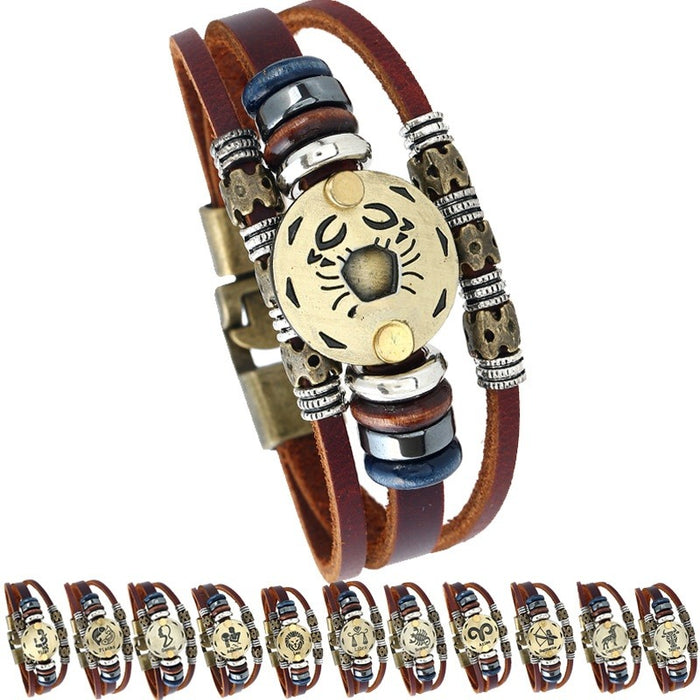 Alloy Beaded 12 Zodiac Cowhide Leather Bracelet Simple European Birthday Gift Jewelry