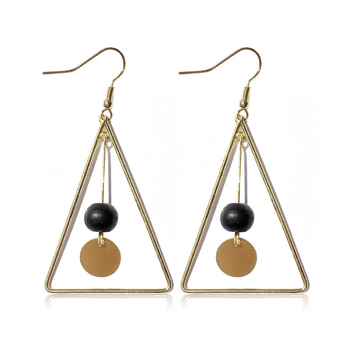 Elegant Korean Hollow Triangle Alloy Drop Earrings With Wooden Bead And Minimalist Round Disc Earrings