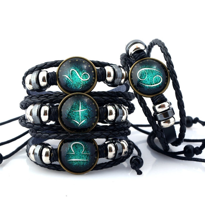 European And American Twelve Zodiac Bracelet, Handmade Beaded Vintage Leather Constellation Bracelet