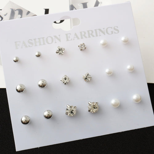 Elegant 9 Pair Set Pearl Rhinestone Crystal Round Ball Stud Earrings for Women Minimalist Alloy Earrings