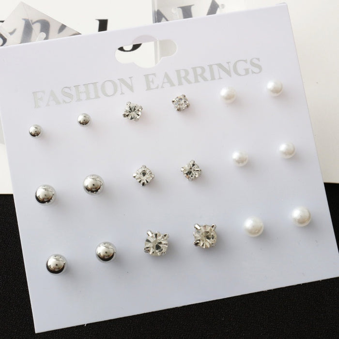 Elegant 9 Pair Set Pearl Rhinestone Crystal Round Ball Stud Earrings for Women Minimalist Alloy Earrings