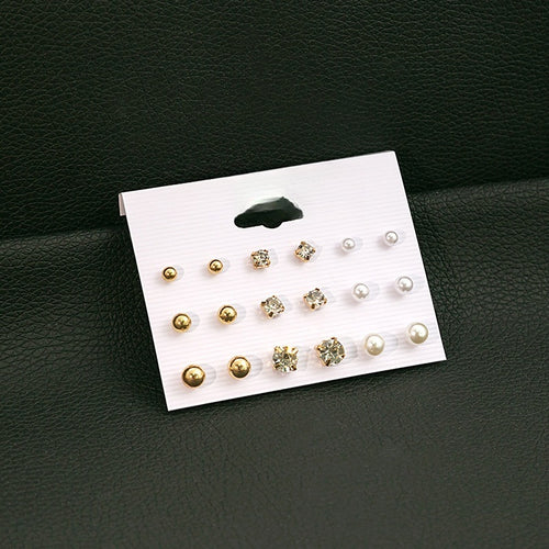 Elegant 9 Pair Set Pearl Rhinestone Crystal Round Ball Stud Earrings for Women Minimalist Alloy Earrings