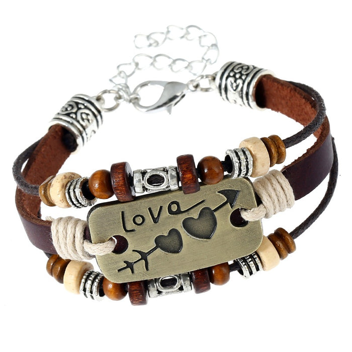 Antique Bronze Alloy Arrow Through Heart Couple Multilayer Beaded Cowhide Leather Bracelet