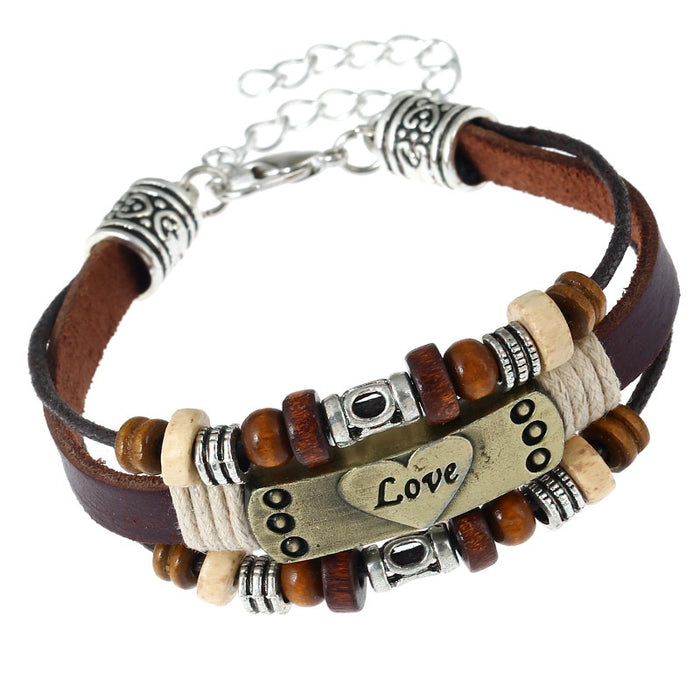 European Punk Handmade Beaded Cowhide Leather Couple LOVE Bracelet With Alloy Charm
