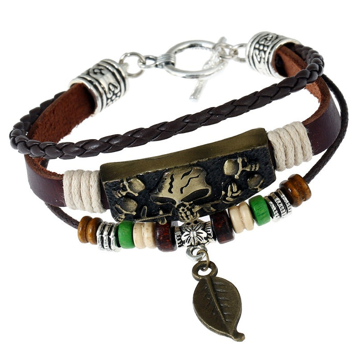Punk Handmade Beaded Vintage Antique Bronze Alloy And Genuine Leather Couple Bracelet