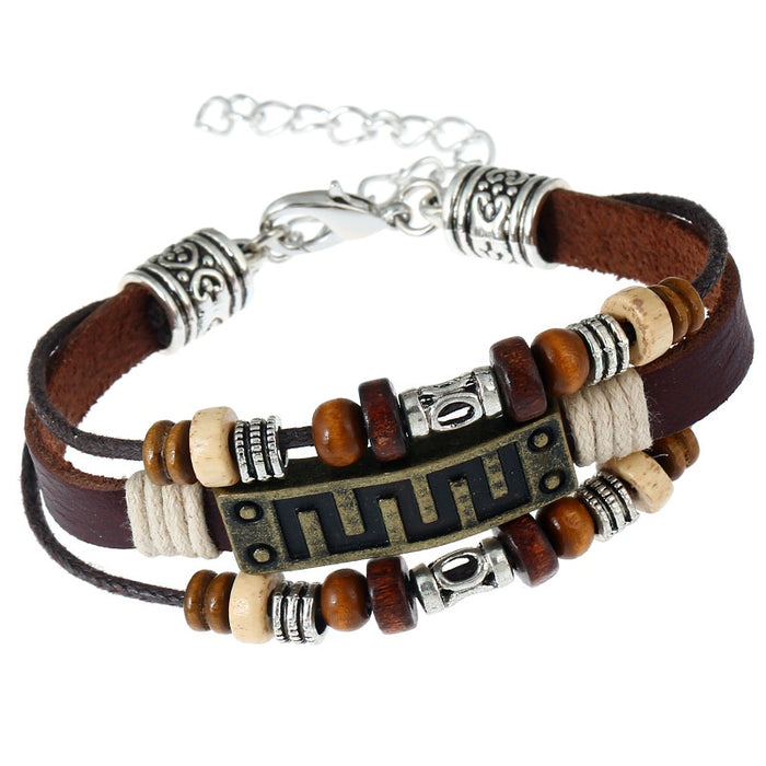 Punk Handmade Beaded Vintage Antique Bronze Alloy And Genuine Leather Couple Bracelet