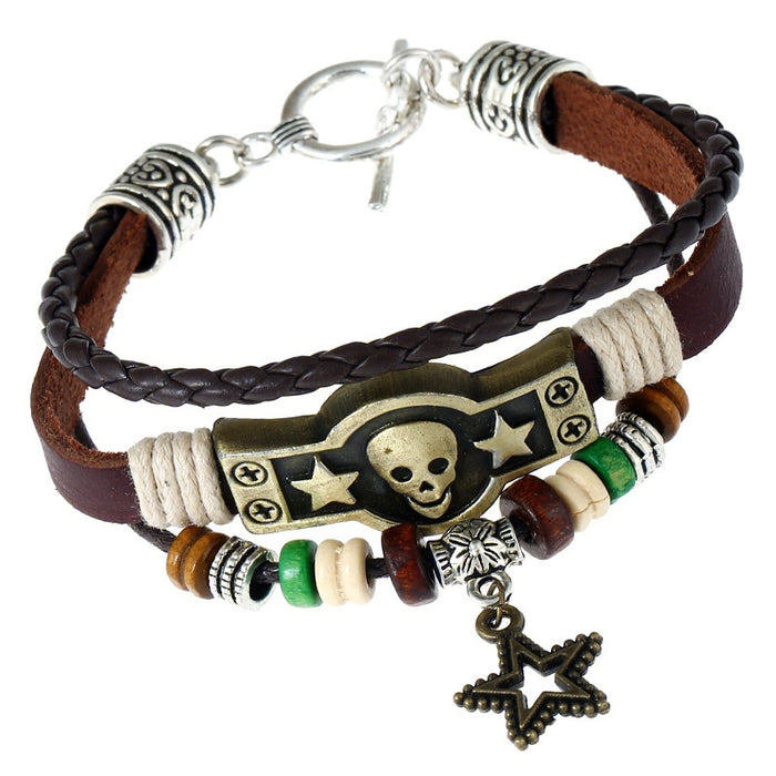 Punk Handmade Beaded Vintage Antique Bronze Alloy And Genuine Leather Couple Bracelet