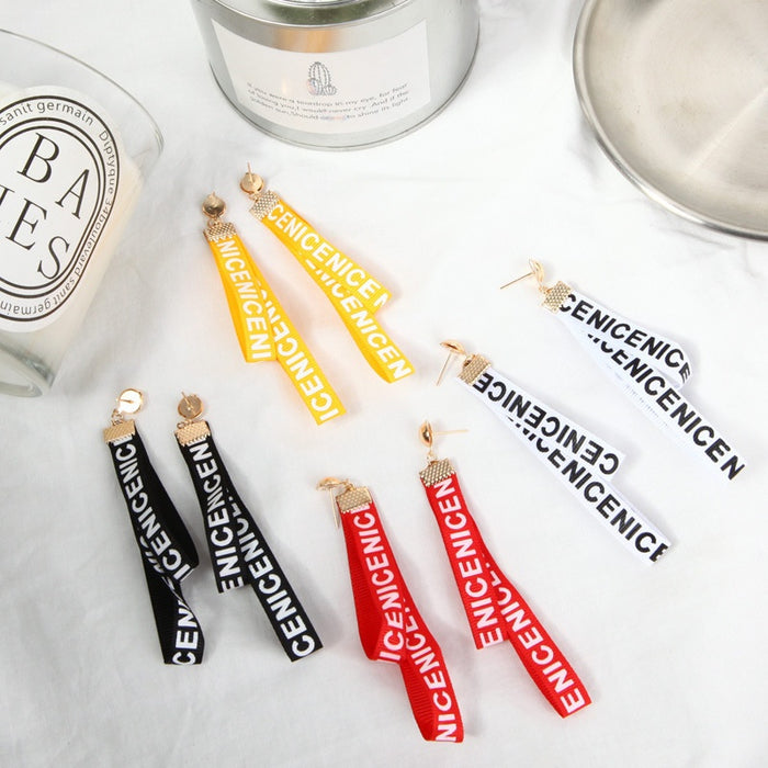 Long Letter Print Ribbon Drop Stud Earrings With Rhinestone Alloy Caps For Women Statement Earrings