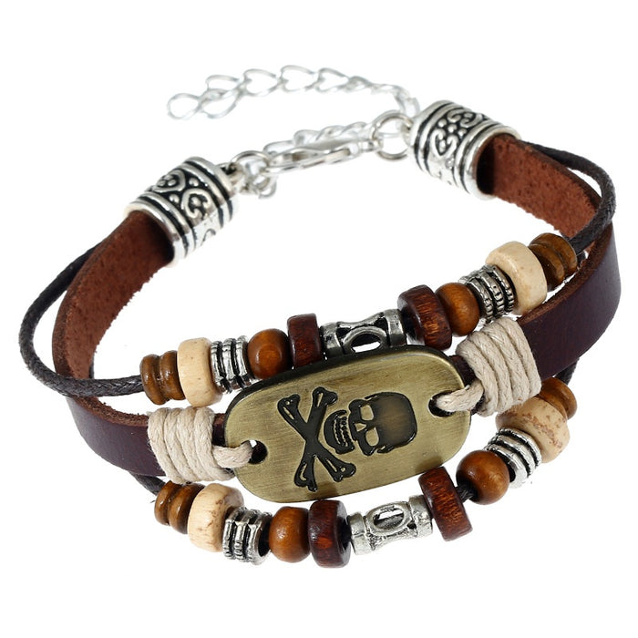 Hot Selling Handmade Beaded Vintage Braided Genuine Leather Bracelet With Skull Head Charm