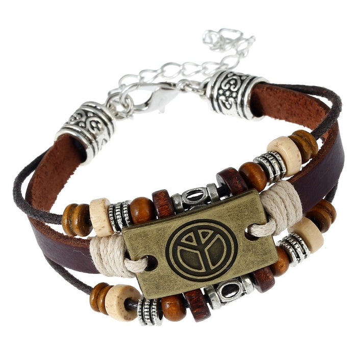 Hot Selling Handmade Beaded Vintage Braided Genuine Leather Bracelet With Peace Sign Charm