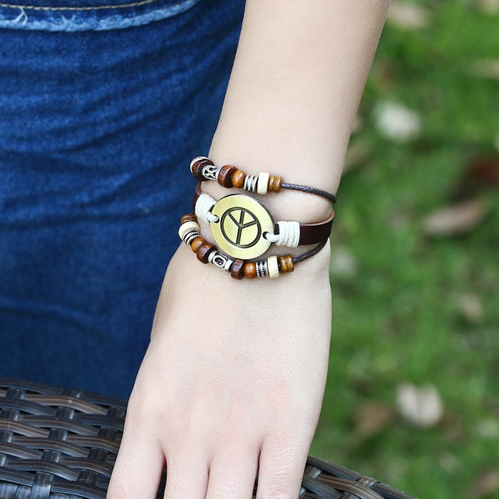 European American Punk Handmade Beaded Cowhide Leather Bracelet With Alloy Peace Sign