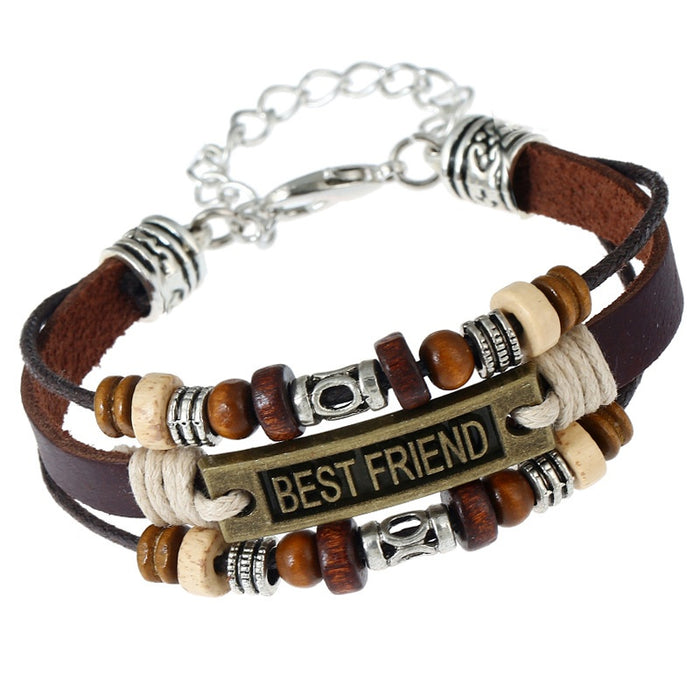 Handmade Beaded Best Friend Cowhide Leather Bracelet Vintage Friendship Wristband
