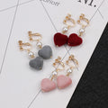 Korean Velvet Heart Asymmetric Clip On Earrings With Pearl Sweet Fashion Ear Clips For Non Pierced Ears view 3