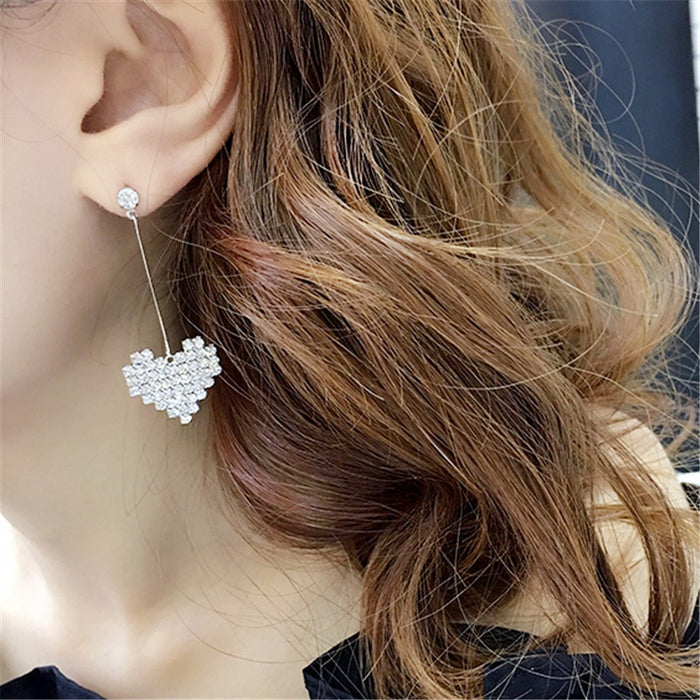Elegant Rhinestone Heart Drop Stud Earrings Korean Long Bar Alloy Zircon Sweetheart Dangle Earrings