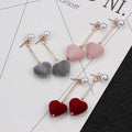 Korean Velvet Heart Asymmetric Pearl Earrings, Sweet Winter Fashion Drop Earrings view 3