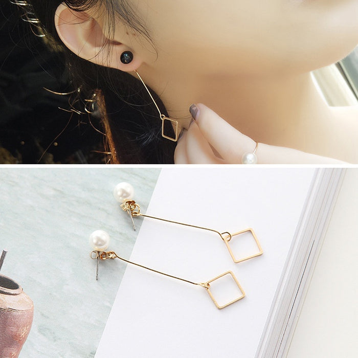 Elegant Korean Faux Pearl Stud Long Gold Alloy Geometric Square Dangle Drop Women's Earrings