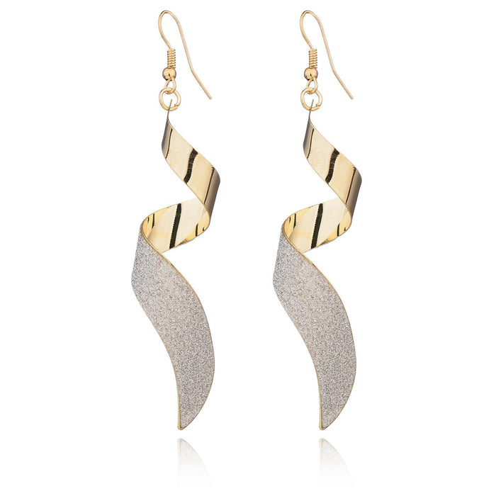 Elegant Twisted Spiral Alloy Drop Dangle With Gold Plated Ribbon And Silver Glitter Matte Finish Earrings