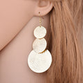 Bohemian Gold Alloy Hammered Textured Round Disc Layered Long Dangle Statement Drop Earrings view 1