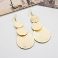 Bohemian Gold Alloy Hammered Textured Round Disc Layered Long Dangle Statement Drop Earrings view 4