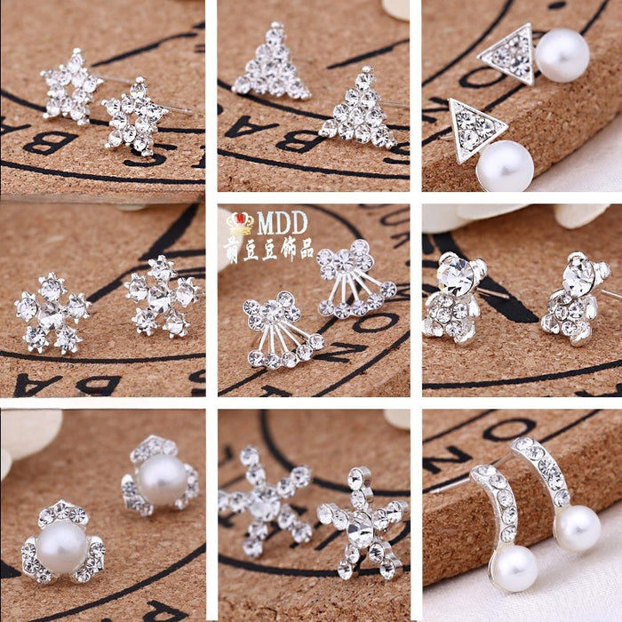 Korean Fresh Rhinestone Stud Earrings With Interwoven Flower Heart Teardrop Pearl Design