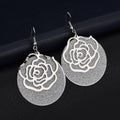 Elegant Gold Alloy Rose Flower Dangle Earrings With Frosted Glitter Large Round Disc Drop Earrings view 3