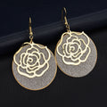 Elegant Gold Alloy Rose Flower Dangle Earrings With Frosted Glitter Large Round Disc Drop Earrings view 4