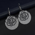 Elegant Gold Alloy Rose Flower Dangle Earrings With Frosted Glitter Large Round Disc Drop Earrings view 2