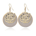 Elegant Gold Alloy Rose Flower Dangle Earrings With Frosted Glitter Large Round Disc Drop Earrings view 1