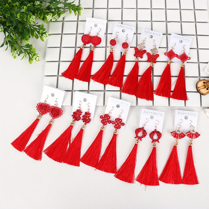 Hanfu Vintage Chinese Style Red Chinese Knot Tassel Earrings Bridal Wedding Ear Hook Drops
