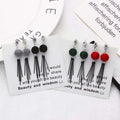 Korean Plush Pom Ball Rhinestone Stud Metal Bar Tassel Drop Earrings view 1