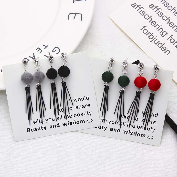 Korean Plush Pom Ball Rhinestone Stud Metal Bar Tassel Drop Earrings