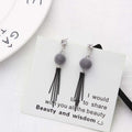 Korean Plush Pom Ball Rhinestone Stud Metal Bar Tassel Drop Earrings view 3