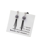 Korean Plush Pom Ball Rhinestone Stud Metal Bar Tassel Drop Earrings view 5
