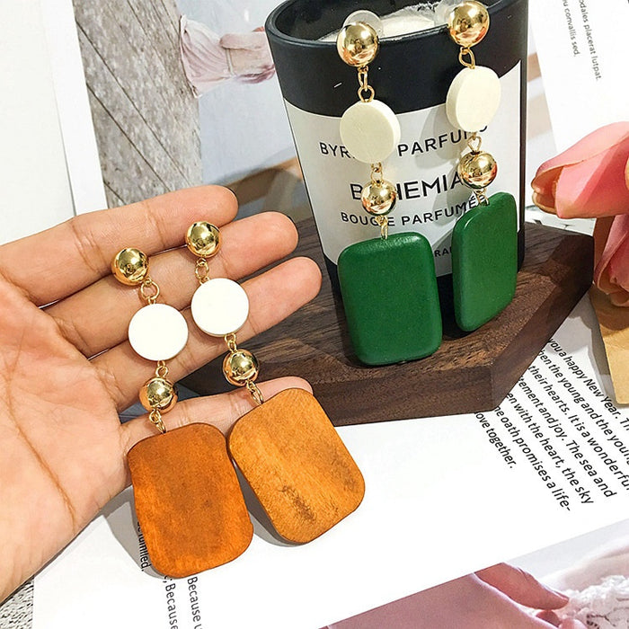 Vintage Geometric Wood Acrylic Drop Earrings Korean Simple Long Alloy Stud Statement Earrings