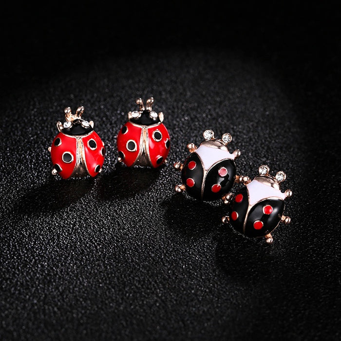 Vintage Cute Ladybug Beetle Stud With Red Black Enamel Alloy Rhinestone Accents For Women Earrings