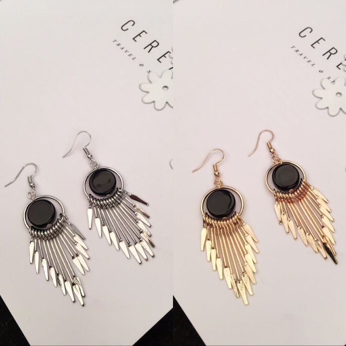 Elegant Korean Style Alloy Black Round Disc Long Tassel Fringe Statement Drop Women Fashion Earrings