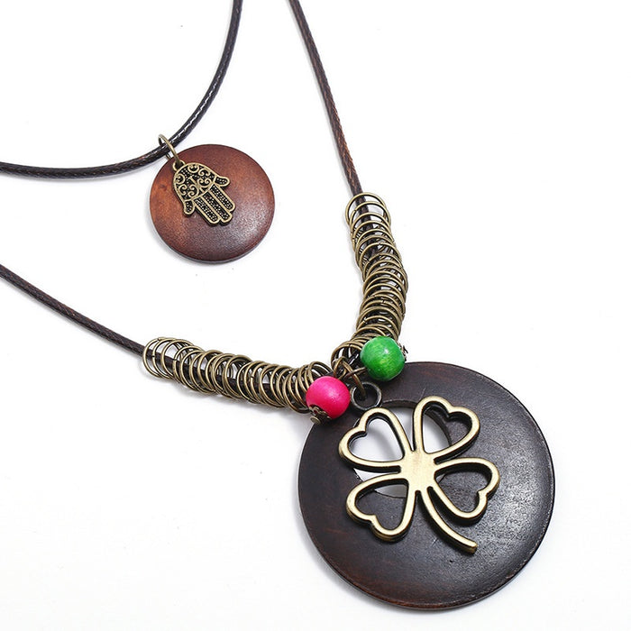 Vintage European American Long Antique Bronze Alloy Leaf Pendant Sweater Necklace For Women