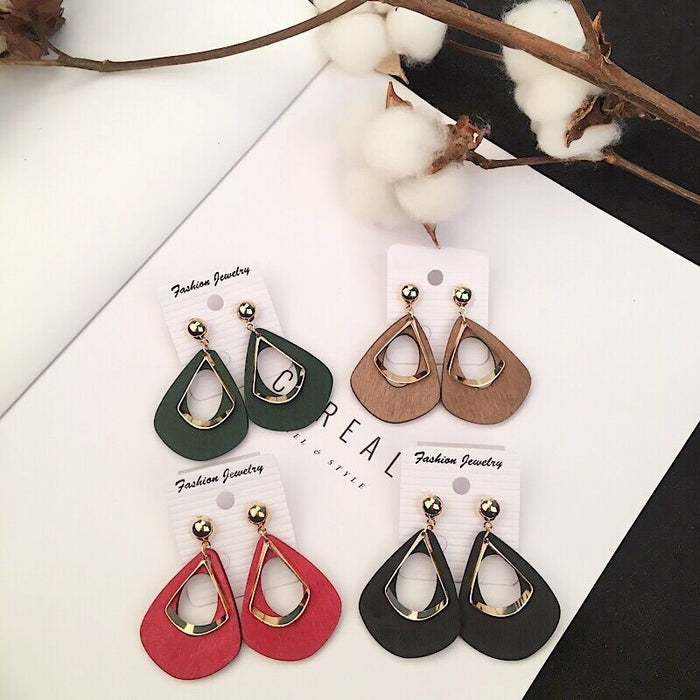 Vintage Hong Kong Style Wooden Teardrop Hollow Alloy Geometric Long Dangle Stud Earrings