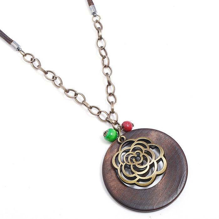 Punk Ethnic Korean Style Wooden Hollow Flower Pendant Long Necklace Vintage Cotton Linen Sweater Chain