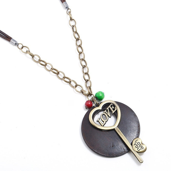 Simple Ethnic Style Large Key Pendant Necklace For Women Long Sweater Chain Clothing Accessory