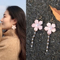 Elegant Pale Pink Flower Petal Alloy Hoop Studs With Pearl Tassel Chains For Women Earrings view 1